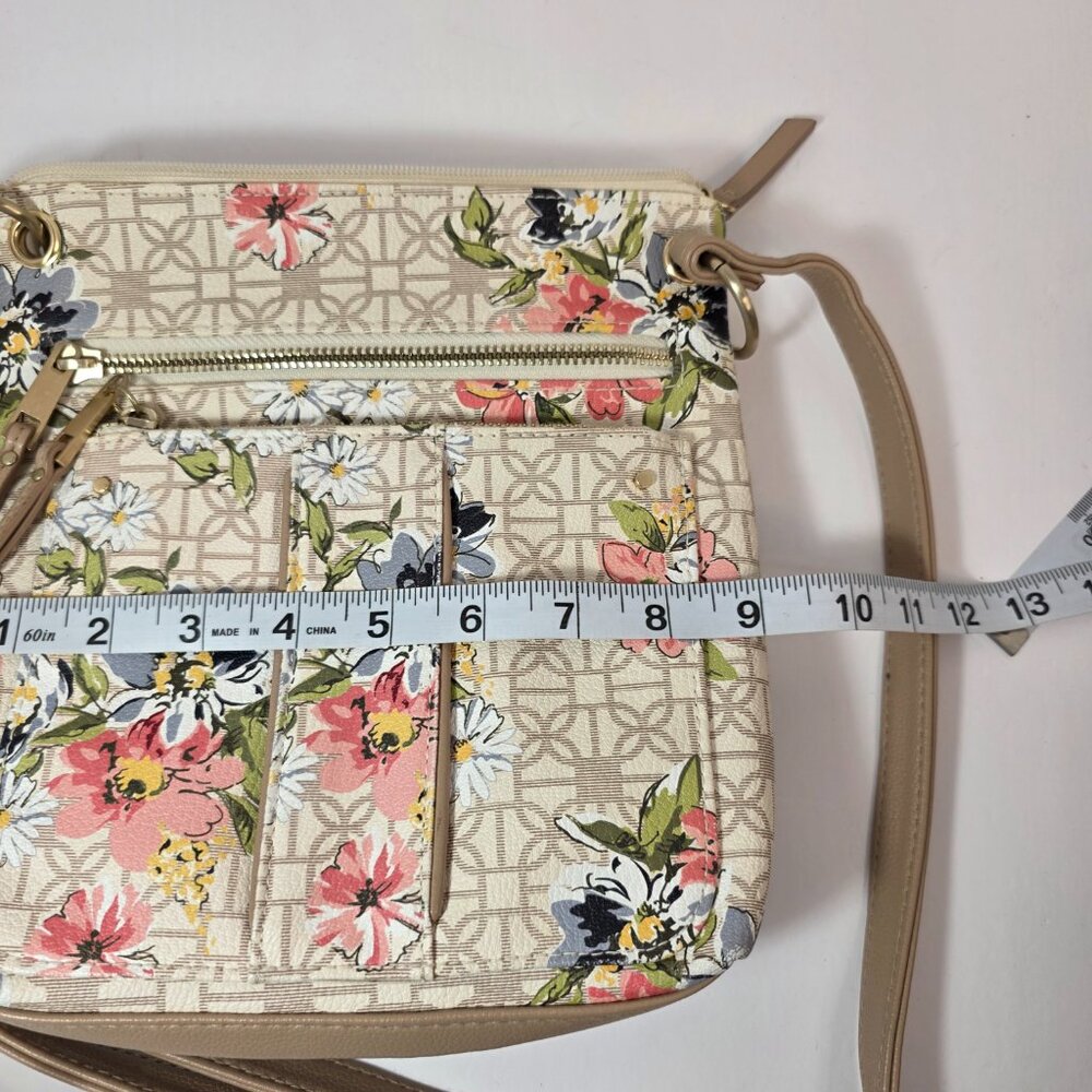 Floral Crossbody Bag Tan Neutral Multi Pocket Adjustable Strap - Picture 8 of 9